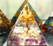 Load image into Gallery viewer, Tree of Life White Quartz &amp; Amethyst Orgone Pyramid