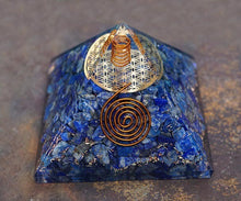 Load image into Gallery viewer, Lapis &amp; Flower of Life Orgone Pyramid