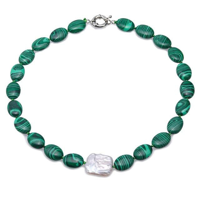 Green Malachite Necklace with Baroque Pearl Accent